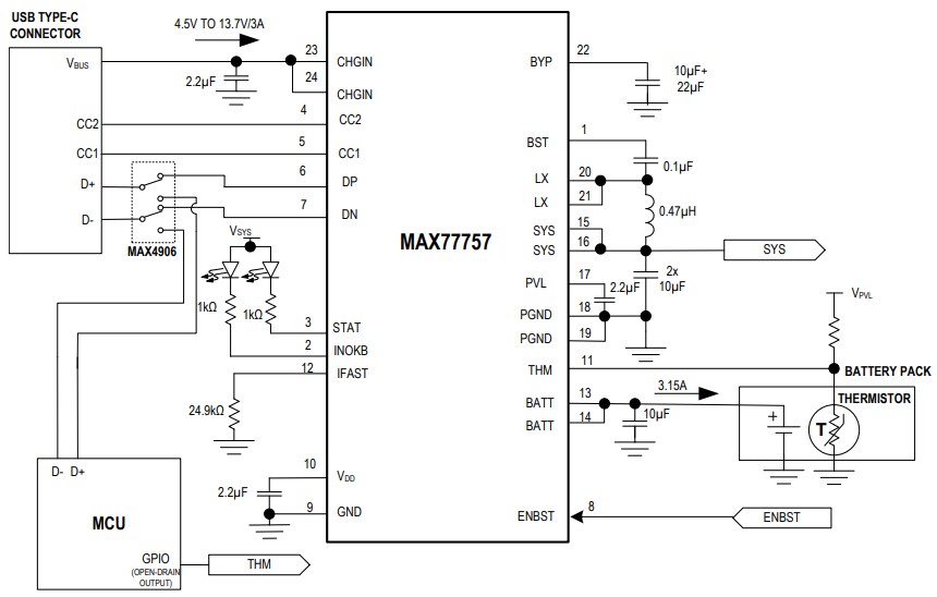 Application Circuit Diagram - Analog Devices / Maxim Integrated MAX77757 USB Type-C® Autonomous Charger